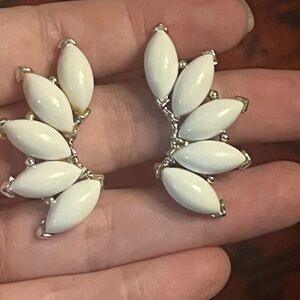 Vintage Silver Tone Clip Earrings with White Plastic Accents STAR